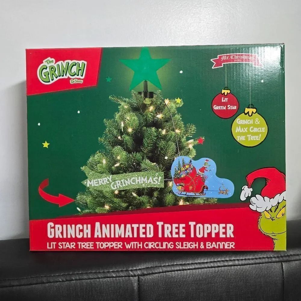Mr. Christmas Animated Grinch Sleigh Tree Topper w Banner Merry Grinchmas New